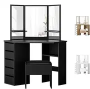 ALFORDSON Corner Dressing Table and Stool Chair Set with 3-Panel Mirror, Makeup Vanity Desk with Mutiple Shelves & Side Cabinet Drawers, Dresser Organiser for Women Bedroom Dress Room, Black