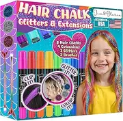 Jim&Gloria Dustless Hair Chalk for Girls Washable with Clip in Hair Extensions, Brushes and Glitters, Kids Temporary Color Dye, Gifts for Teen Girl Trendy Stuff, Teenage 7 8 9 10 11 12 13 14 Year Old