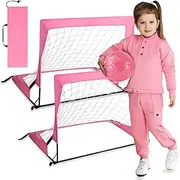 2 Pcs 24" x 16" Pink Mini Soccer Goal Set Indoor Soccer Goal Net Sparkling Pink Size 2 Toddler Soccer Ball Folding Small Soccer Goals Kids Soccer Ball Age 3-8 for Boys Girls Gifts (Sparkling Pink)