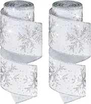 Christmas Snowflake Wired Ribbon 2.5 Inches 2 Rolls Satin Glittered Snowflake Wired Edge Ribbon Christmas Ribbon for Tree Gift Wrapping Home Decorations Bow DIY Craft (White, Silver,12 Yard)