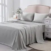 Double Bed Sheet Set 2000TC Bedding Sheets Pillowcases Breathable Wrinkle Fade Stain Resistant Deep Pocket Flat Fitted Silver Gray