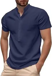 [Generic] Men's T-Shirts Short Sleeve T Shirts for Men Moisture Wicking Quick Dry Solid Color Button T-Shirt Casual V Neck Tee, Navy-2, Large