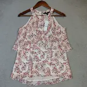 White House Black Market Top Women's 2 Ecru Mauve Glow Floral Halter Preppy NWT
