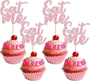 Ephlyn 24Pcs Eat Me Cupcake Toppers Glitter Wonderland Cupcake Picks Baby Shower Boys Girls Kids Birthday Alice in Wonderland Theme Party Cake Decorations Supplies Pink