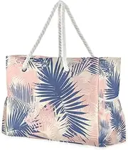 [Yoogain] Tropical Leaves Light Red Blue Sandproof Tote Bags with side pocketes Portable Travel Bag Perfect for Travel Pool Swim Beach Vacation Necessities, Tropical Leaves Light Red Blue, 1 size