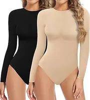 [Hi Clasmix] 2 Pack Long Sleeve Bodysuits for Women Round Neck Casual Stretchy Basic Shirts Crew Neck Body Suits Tops