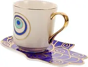 [ULTECHNOVO] 1Set Decorative Evil Eye Pattern Ceramic Coffee Mug with Saucer Porcelain Tea Cup for Coffee Milk Water Stylish Ergonomic Design for Home Office Use