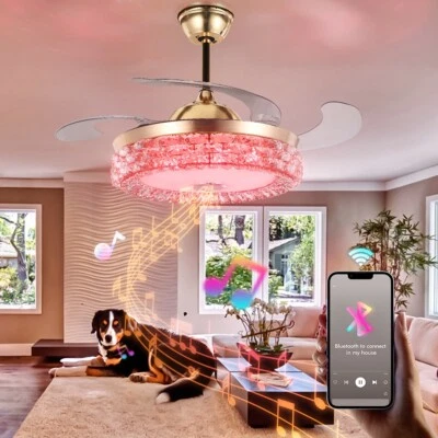 42" Bluetooth 7-Color LED Dimmable Crystal Chandelier Ceiling Fan Light w/Remote
