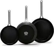 GreenPan Omega Hard Anodized Advanced Healthy Ceramic Nonstick, 8" 9.5" and 11" 3 Piece Frying Pan Skillet Set, Anti-Warping Induction Base, Dishwasher Safe, Oven and Broiler Safe, Black