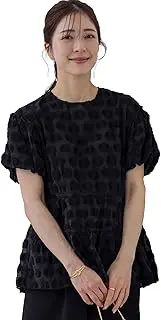 [SONO] Women's Sheer Jacquard Cheerful Gathered Blouse, Black, Black, 1