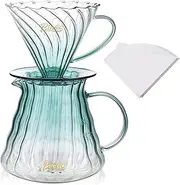 [Bincoo] Pour Over Coffee Maker Set with Dripper Size 02,600ml Glass Coffee Server Set,60 Angle TaperedGlass Coffee Dripper with Stand&Filter Paper for Home Office Gift (Green)
