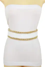 Women White Color Elastic Waistband Wide Holidays Belt Gold Metal Chain Links S