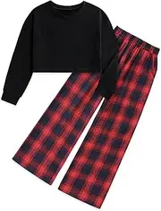 [Gaupafmb] Girls Clothes Solid Long Sleeve Tops Plaid Wide Leg Pants with Pockets Girls Outfits Size 6-14