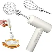 Handheld Mixer, 3 Speed Portable Kitchen Mixer Electric, USB Rechargeable, Stainless Steel Electric Hand Whisk, White, with 2 Detachable Whisks, for Eggs/Milkshake Cream/Butter/Baby Food