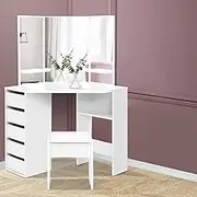 Artiss Dressing Table Corner Set Mirror Makeup Stool Wooden Vanity Desk Chair, Home Bedroom Furniture White Girls Kids Women Organisers, Drawers Wide Tabletop with Legs Floor Standing