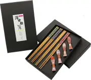EXZACT Chopsticks Gift Set 4 Pairs Reusable Natural Bamboo with 4 Pcs Wooden Cho