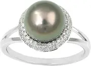 [KOKAV] Designer 14K Solid White Gold, 9mm 4-5ct Tahitian Pearl with 1/5ct Diamonds Gorgeous Ring, Size 7
