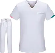 [Vaveren] Women Men Scrubs Set Esthetician Workwear Skin Friendly Soft Machine Washable Short Sleeves Scrub Top and Pants Nurse Uniform