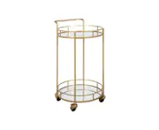 Round Gold Bar Cart Rolling Serving Drinks Metal Trolley Tea Wine Coffee Mobile Trolly 4 Wheels 2 Trays Mirrored Glass Top