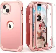 IDweel for iPhone 15 Case with Screen Protector for Women, 3 in 1 Shockproof Slim Fit Hybrid Heavy Duty Hard PC Cover Soft Silicone Bumper Full Body Case,Rose Gold