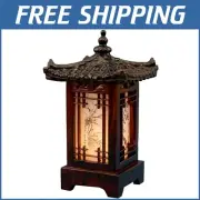 Art Deco Korean Table Lamp with Carved Wood Pagoda Design – Elegant Night Light