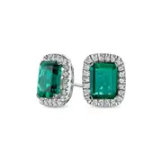 Emerald-Cut Lab-Created Emerald and White Sapphire Cushion Frame Stud Earrings in Sterling Silver