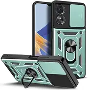 [Eabhulie] Oppo A17 Case, Rugged Armor Protection Case with Slide Camera Cover & Ring Holder Stand for Oppo A17 Green