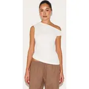 Cream Textured Asymmetric Neckline Long Top, Cream