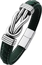 [Oaldilee] Mens Black Braided Leather Bracelet, Green/Red/Brown/Black Braided Leather Infinity Knot Bracelets for Men with Stainless Steel Magnetic Clasp, 7.5/8.5/9in Length