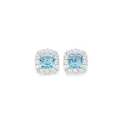 Silver Square Blue & Cushion Cz Halo Studs in Blue