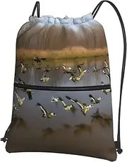 EdWal Hunting Flying Wild Ducks Print Drawstring Backpack Gym Bags Sports Bags With Zipper Pocket For Travel Beach, Black, One Size