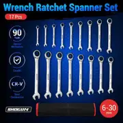17pcs Wrench Spanner Set Metric Ratchet 90 Tooth Gear Hand Ratcheting Tool Kit Nickle Plating CRV Steel with Storage Pouch