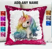Rainbow Unicorn Cushion Cover Reversible Sequin Throw Pillow Case Personalised