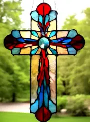 40cm Huge Window Sized SPIRITUAL CROSS Finely Detailed Stained Glass SUNCATCHER