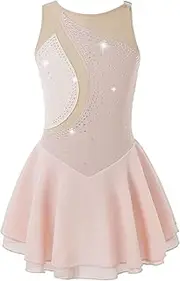 [Jugaoge] Kids Girls Rhinestone Mesh Splice Figure Ice Roller Skating Dress Ballet Dance wear Costume Gym Skirted Leotard