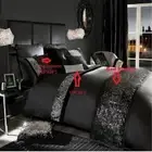 6 Pc Queen Black Sequin Egyptian Cotton Duvet Cover set Bed Runner and Cushions