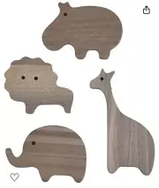 Decorative wooden jungle animal wall hooks, set of four, solid walnut wall hooks