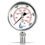 2-1/2" Pressure Gauge, ALL STAINLESS STEEL, Liquid Filled, Lower Mnt, 5000 Psi