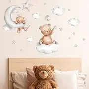 Decorative Wall Stickers, Bears Clouds Moon and Stars Wall Stickers, Cartoon Cute Bears Wall Decals Window Stickers for Kids Baby Room Bedroom Nursery Playroom Home Decor