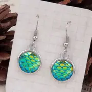 Green Mermaid Scales Hook Dangle Pierced Earrings Womens Girls Jewellery + Gift Pouch
