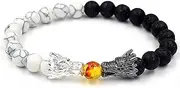 [tqyzkh] Bead Bracelets for Men and Women Natural Black Lava White Howlite Buddha Dragon Beaded Stone Bracelet Good Luck Charm Jewelry Gift Adjustable, One size, Natural volcanic stone + white pine wood