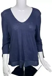 Sanctuary Top 100% Linen Shirt Tie 3/4 Sleeve Sheer Hem T-Shirt Blue Medium NWT