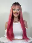 Pink Rooty Balayage Fuchsia Ombré Long Straight Wig with Full Fringe Bangs