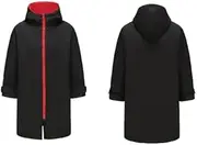 [ZONADA] Adult/Teen Unisex Deck Coat Swimming Parka Coat Water Proof Wind Proof Thick Fleece inside Hooded Cloak Long Sleeve (Black-red-Small)