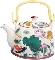 ＫＬＫＣＭＳ Porcelain Teapot Coffee Pot 900ml Ergonomic Handle Water Kettle with Removable Strainer for Home Camping BBQ Kitchen Hiking, Fish and Lotus