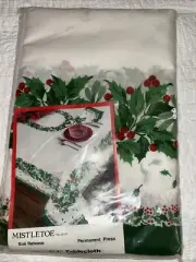 Vintage New Christmas Tablecloth 60”X104” Mistletoe