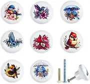 [JamJam] Set of 8 1.5" Ceramic Cabinet Knobs Unique Bird Flower Vintage Kitchen Kids Decorative Furniture Hardware Dresser Drawer Pulls and Knobs