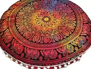 CRAFT KALA 22" Round Mandala Boho Pillow Cover Meditation Room Seating Poufs Cover for Living Room Yoga Room Home Bedroom Balcony Garden Party Decoration Cotton Floor Cushion Cover 22", Multi Elephant