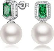JiayangJY 12MM Pearl Earrings for Women Sterling Silver Halo Stud Earrings Emerald Cut Simulated Diamond Dangle Earrings