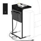 C Shaped End Table with Charging Station, Small Side Table for 1 Ebonized Oak